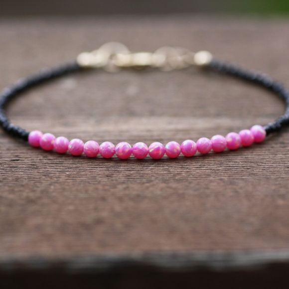 Handmade Natural Black Spinel and Pink Opal Bracelet 14k Gold Filled 7" - Picture 3 of 9